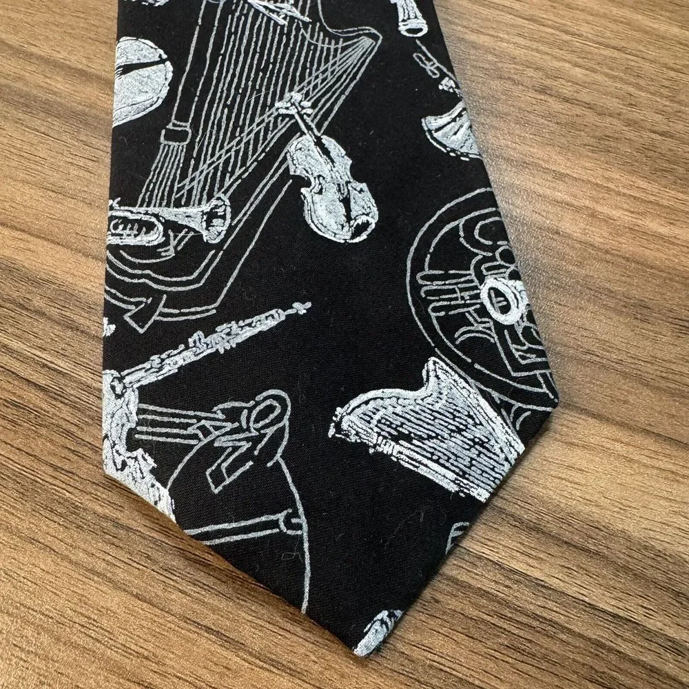 D'em Crazy Musical Theme Neck Tie‎ Black White Orchestra Flute Sax Tuba Violin